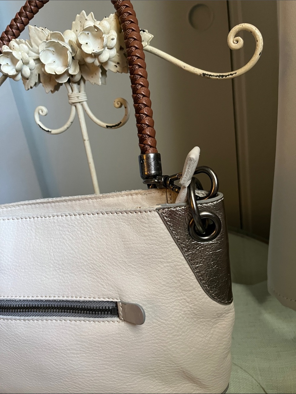 The Sak Cream Pebbled Leather Shoulder Bag with Brown Braided Handle - Picture 6 of 15